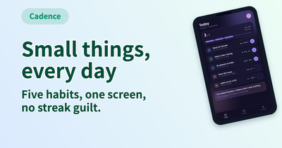 Cadence: The link preview for the launch post, out of the same export. Landscape, so the device turns up beside the type instead of under it.